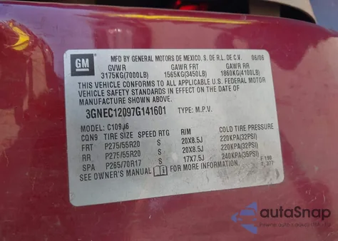 2007 Chevrolet Avalanche 1500 Ltz z USA, uszkodzony, nr VIN 3GNEC12097G141601